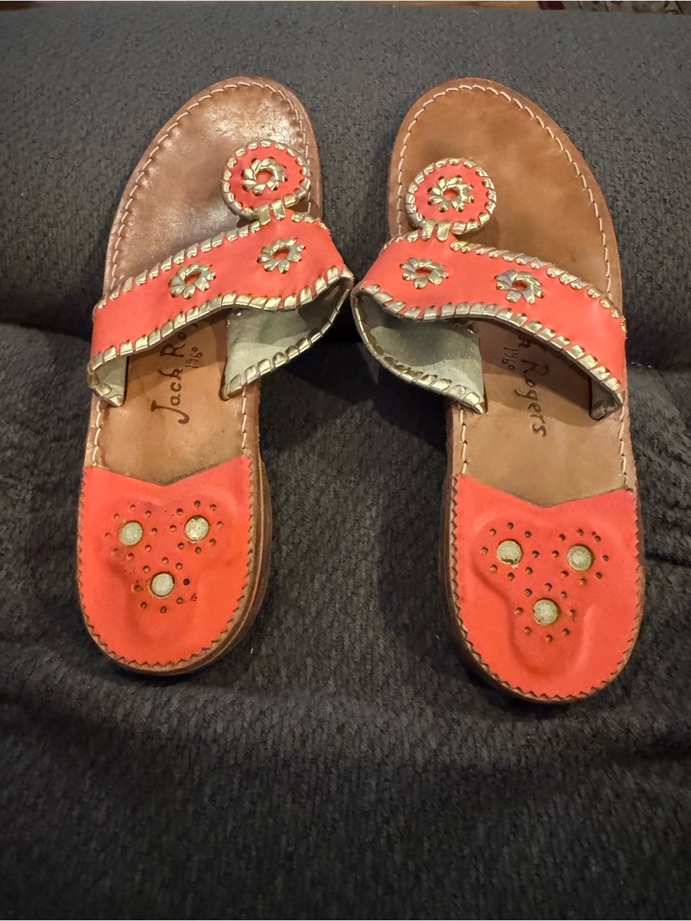 Jack Rogers Coral and Gold Leather Slide Sandals